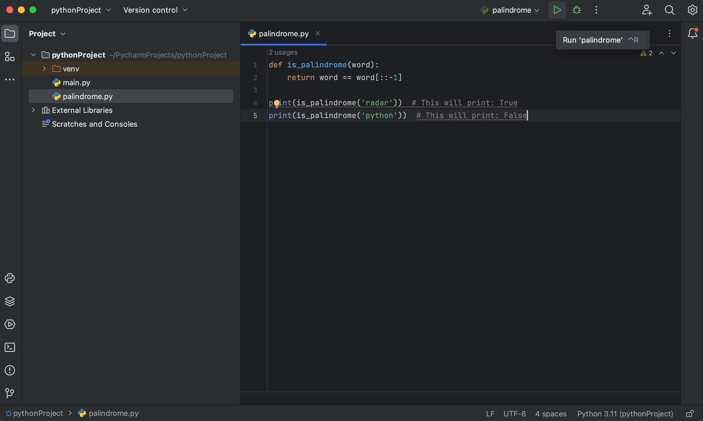 Screenshot of PyCharm interface.