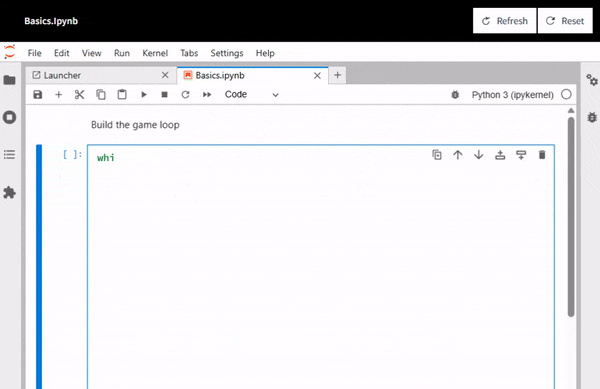 An animated GIF showing a Python Jupyter notebook cell with a "while" game loop for a word guessing game project.